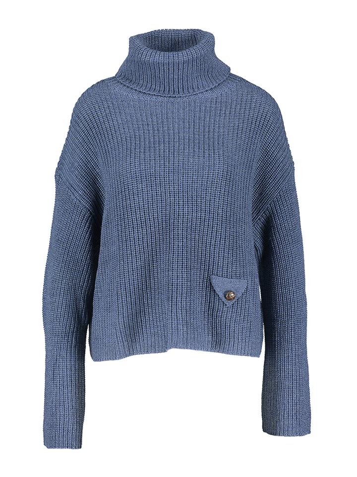 Blauwe gebreide pull met rolkraag en knoopdetail Ami March23
