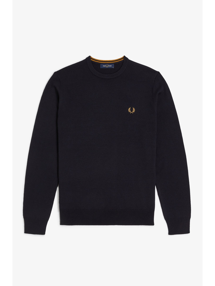 Blauwe trui met okergeel merklogo Fred Perry 