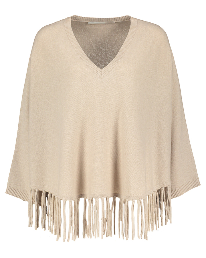 Beige poncho met v-hals en franjes Herzen's