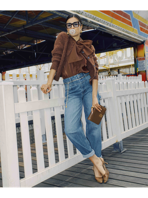 Donkerbruine blouse met pofmouw Sylvia Josh V
