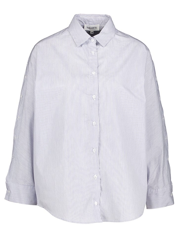 wit/blauw oversized gestreepte bloes met knoopdetail op de mouw Tino Bloes Lalotti
