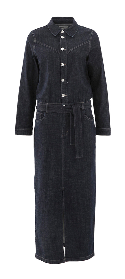 Donkerblauwe lange jeansjurk met zilverkleurige knopen Silly Long Dress Lalotti