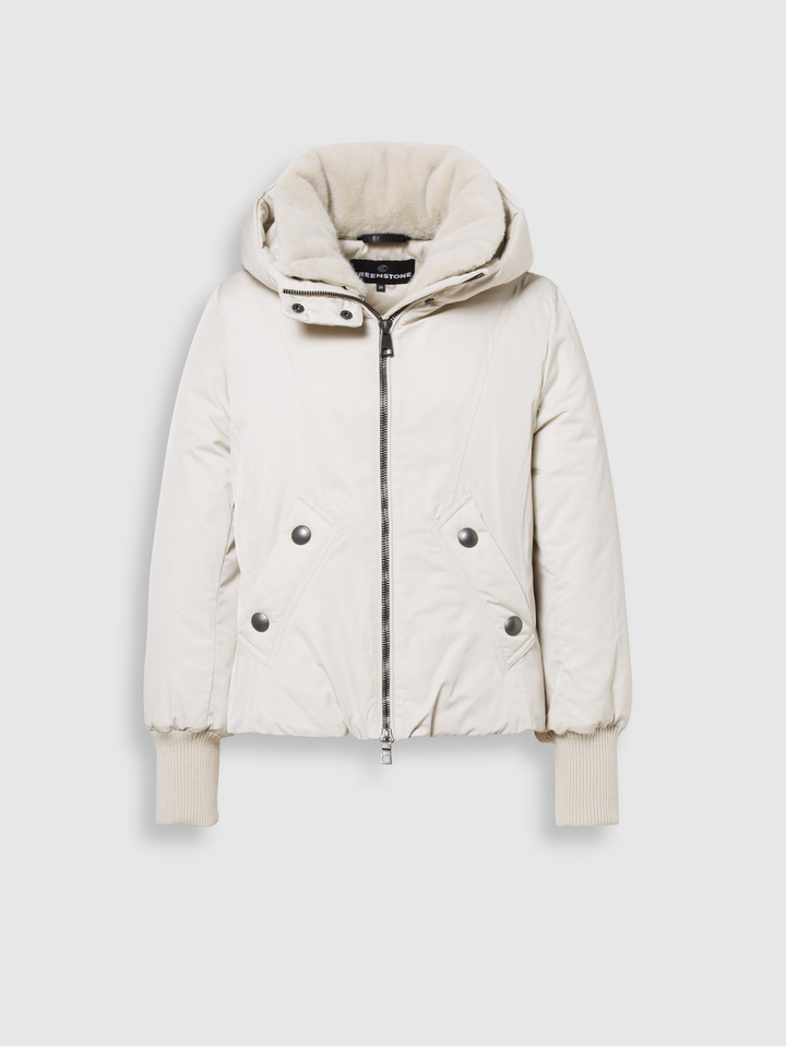 Licht beige jas met imitatiebont aan de kraag Faethe Creenstone