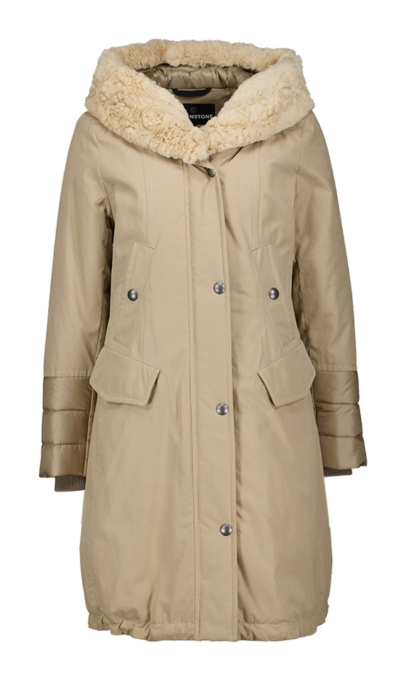 Grey camel dikke lange jas met kap Rhona Creenstone