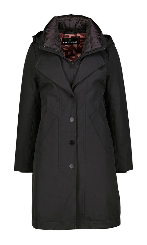 Zwarte lange jas met kap Maggie Creenstone