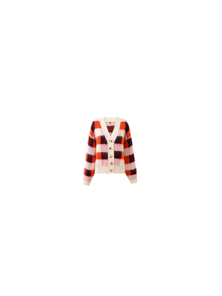 Oranje, bordeuax en roze wollen gilet met knopen in dambordpatroon Viola FRNCH