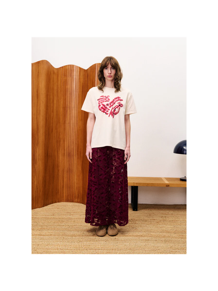 Bordeaux kleurige lange rok in kant met elastiek en rits Herbert FRNCH