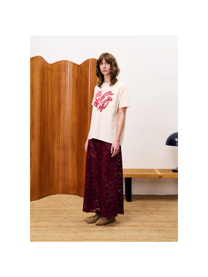 Bordeaux kleurige lange rok in kant met elastiek en rits Herbert FRNCH