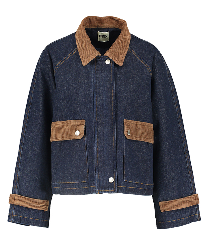 Donkerblauwe jeansjas met bruine ribfluwelen details Zola FRNCH