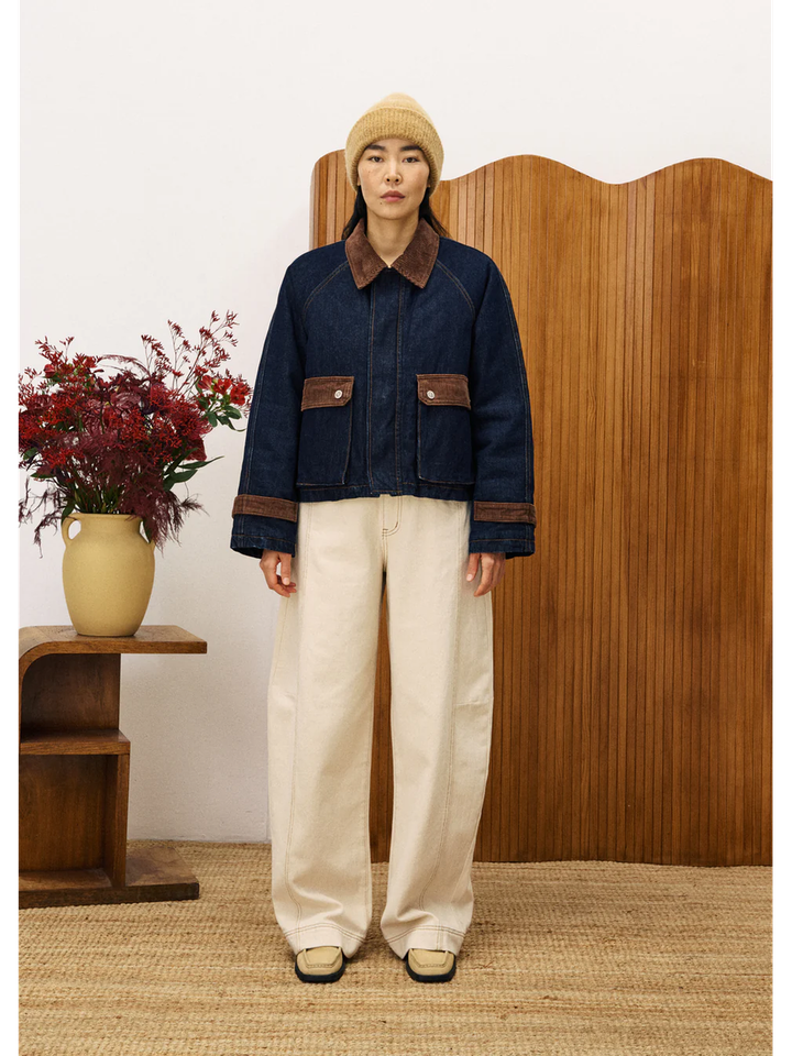 Donkerblauwe jeansjas met bruine ribfluwelen details Zola FRNCH