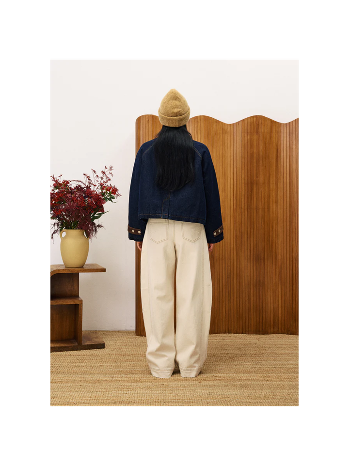 Donkerblauwe jeansjas met bruine ribfluwelen details Zola FRNCH