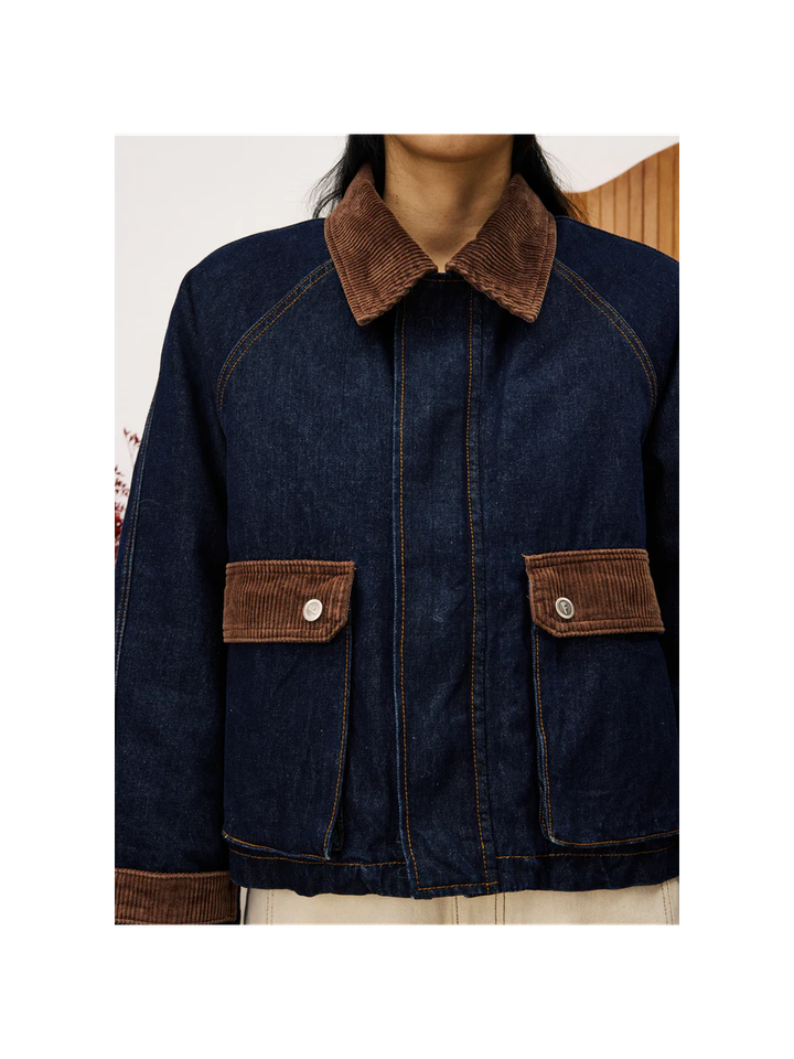 Donkerblauwe jeansjas met bruine ribfluwelen details Zola FRNCH