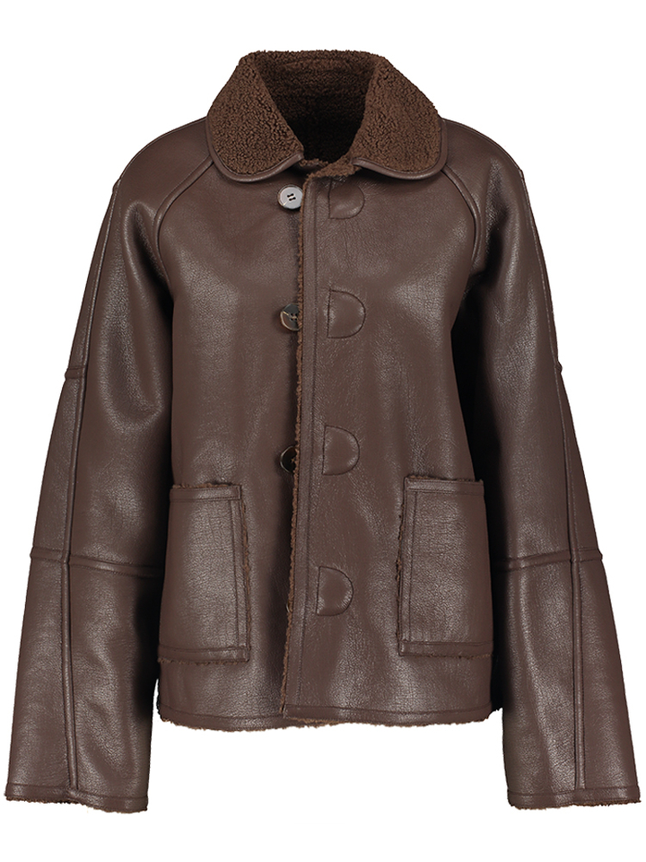 Chocoladebruine lederlook/ teddy omkeerbare jas 