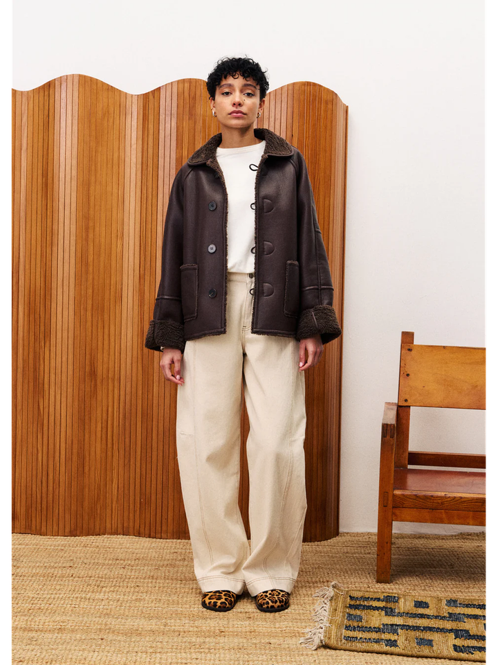 Chocoladebruine lederlook/ teddy omkeerbare jas 