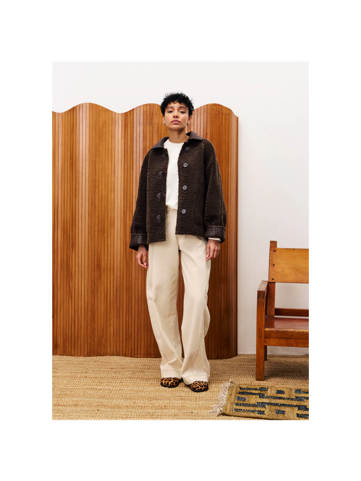 Chocoladebruine lederlook/ teddy omkeerbare jas 