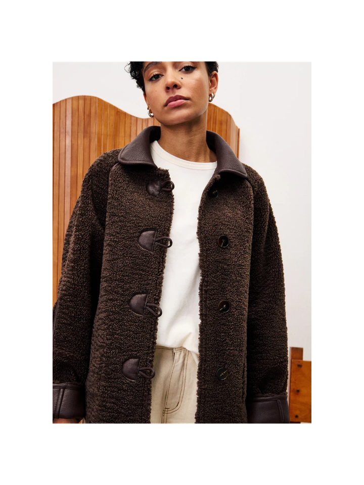 Chocoladebruine lederlook/ teddy omkeerbare jas 