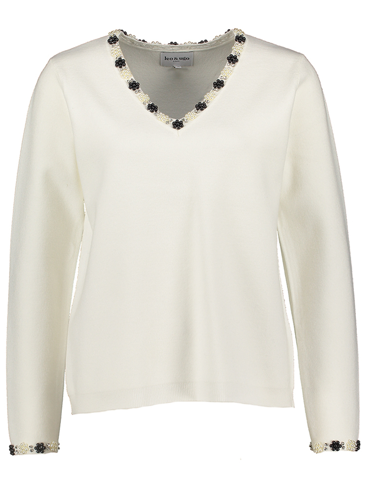Off white black trui met v-hals met parels Leo&Ugo
