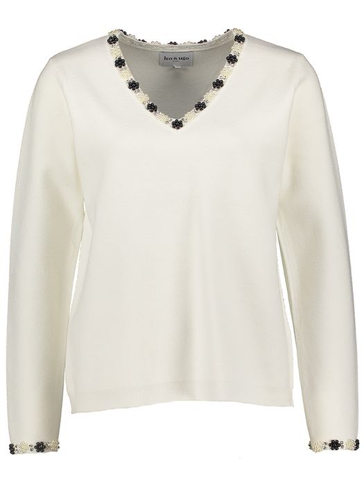 Off white black trui met v-hals met parels Leo&Ugo