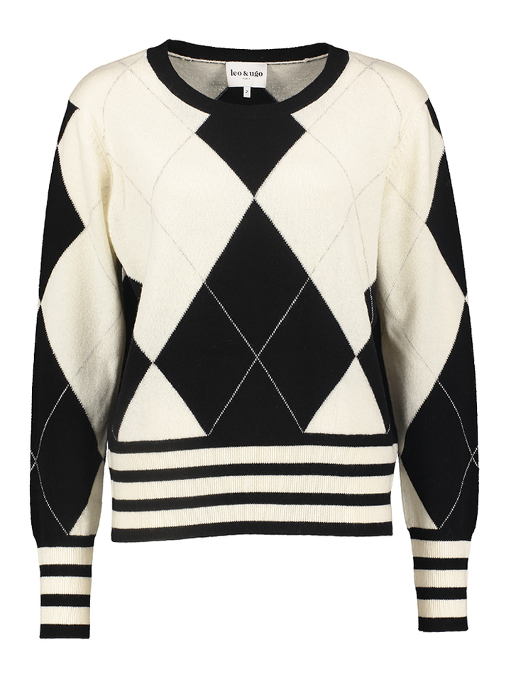 Zwart witte wollen trui met ruit motief Leo&Ugo