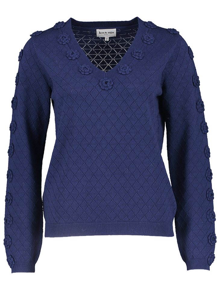 Donkerblauwe trui met v-hals en bloemen 