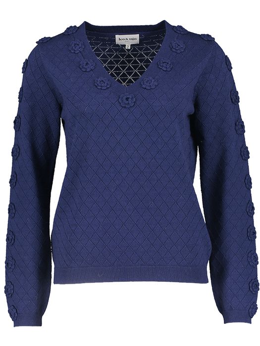 Donkerblauwe trui met v-hals en bloemen