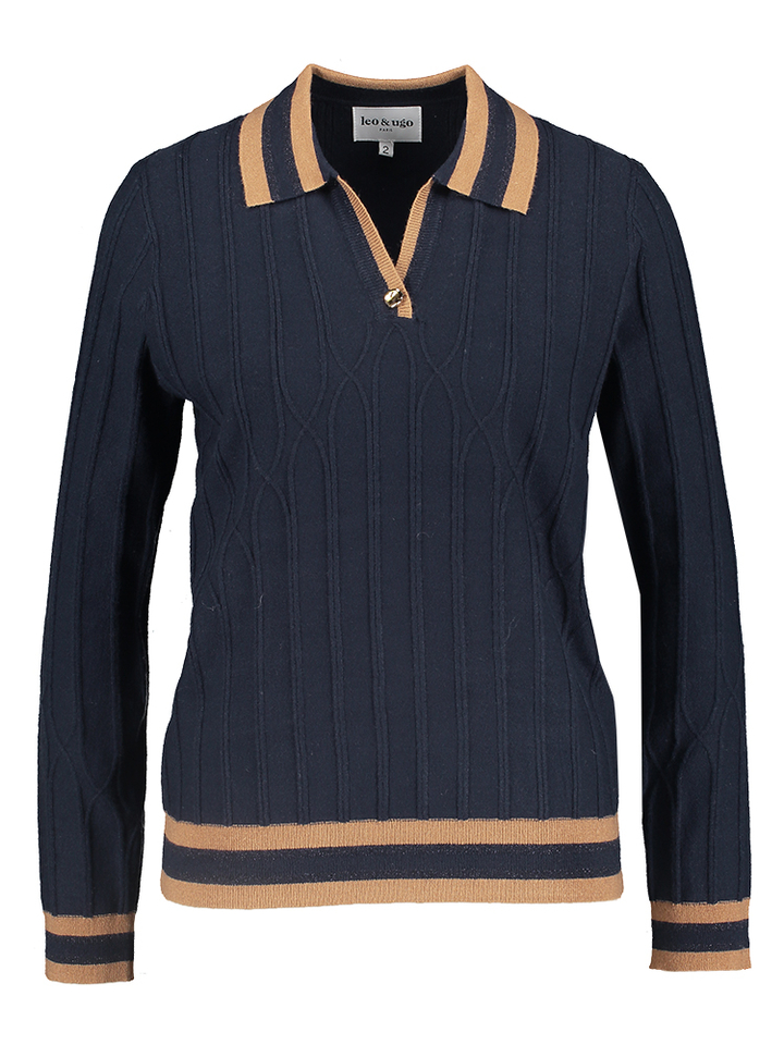Blauwe trui met v-hals met gouden knoop Leo&Ugo 