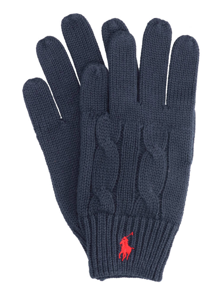 Blauwe handschoenen met kabel en rood merklogo Ralph Lauren 