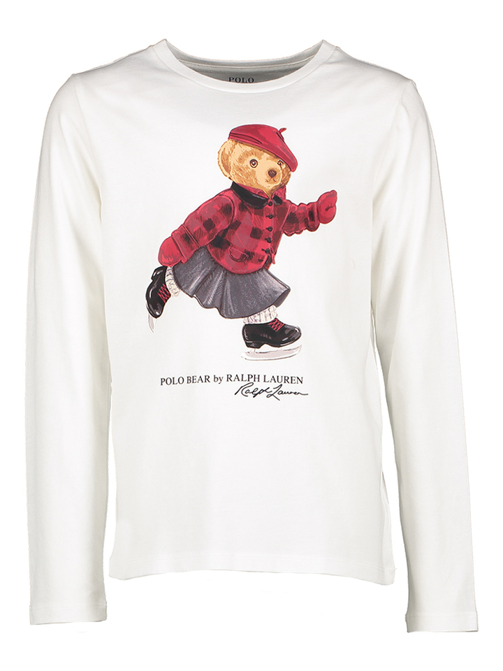 Witte katoenen t-shirt met lange mouwen en bordeaux beertje Ralph Lauren