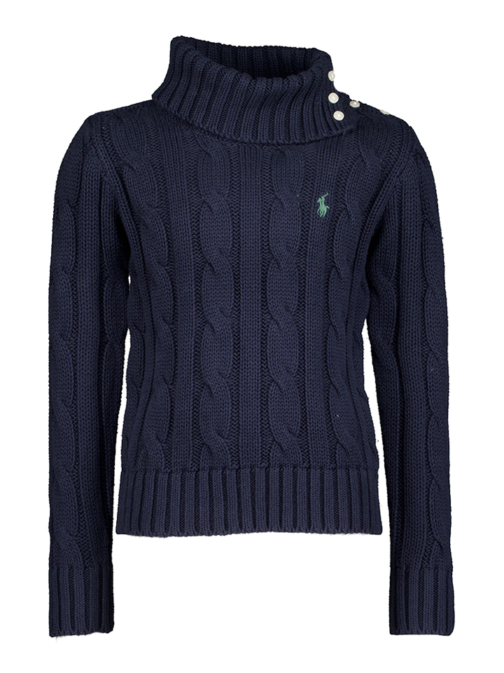 Donkerblauwe katoenen pull met rolkraag in kabelstructuur Ralph Lauren