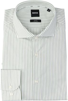Hugo Boss Wit en groen gestreept katoenen hemd (slim fit) met lange mouwen