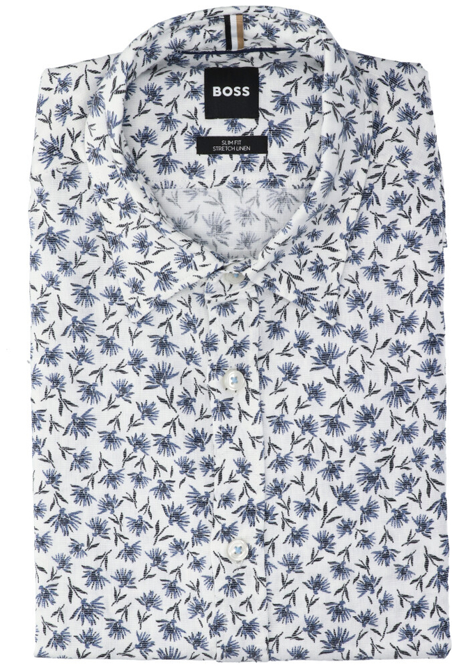 Wit linnen hemd met blauwe print (slim fit) met korte mouwen Hugo Boss