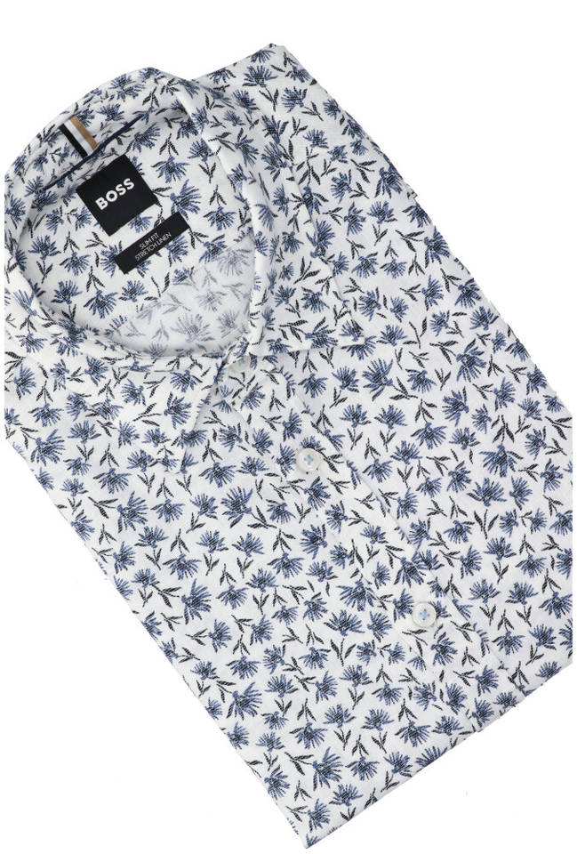 Wit linnen hemd met blauwe print (slim fit) met korte mouwen Hugo Boss