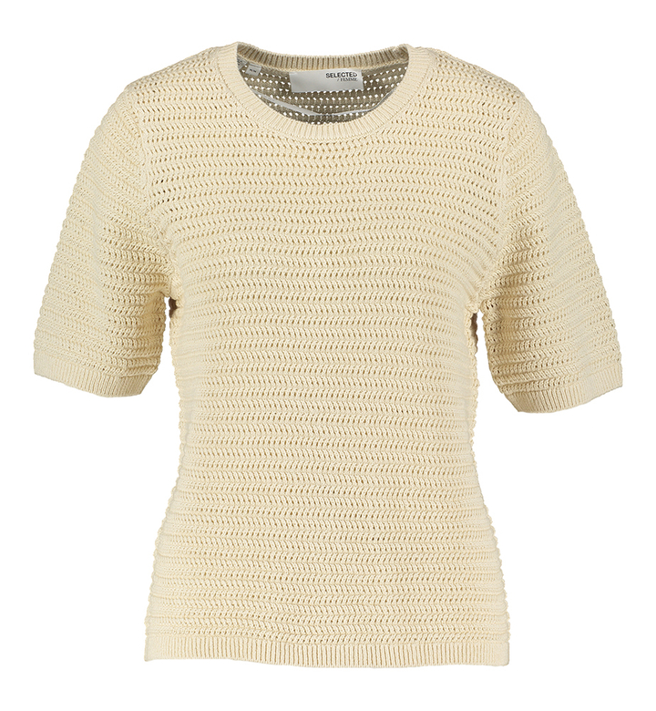 Beige katoenen pull met korte mouwen en ronde hals Selected