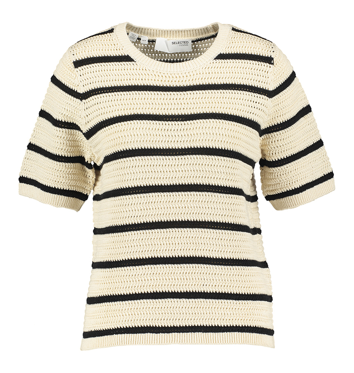 Beige en zwart gestreepte katoenen pull met korte mouwen en ronde hals Selected