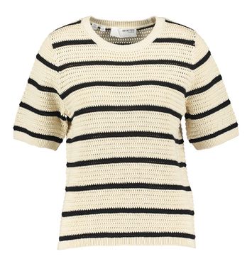 Beige en zwart gestreepte katoenen pull met korte mouwen en ronde hals Selected