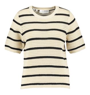 Selected Beige en zwart gestreepte katoenen pull met korte mouwen en ronde hals