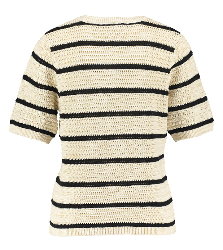 Beige en zwart gestreepte katoenen pull met korte mouwen en ronde hals Selected
