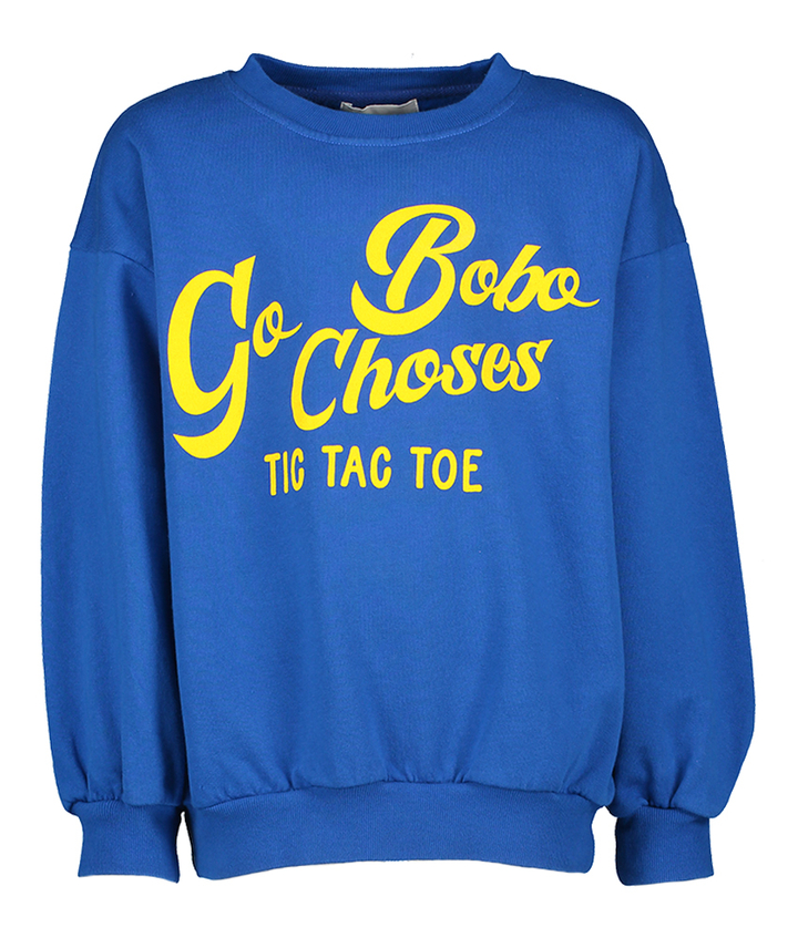 Kobalt blauwe trui met gele tekst Bobo Choses 