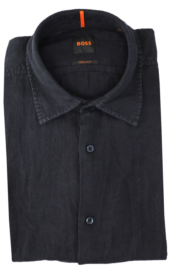 Zwart linnen hemd (regular fit) met korte mouwen Hugo Boss