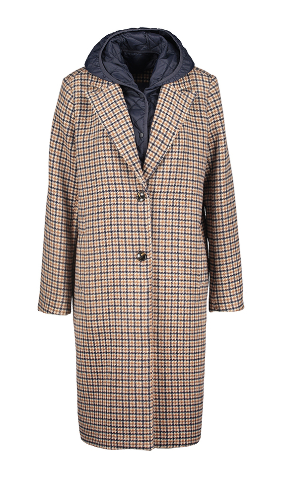Blauw en bruin geruite lange mantel met afneembare kap Didier Kocca