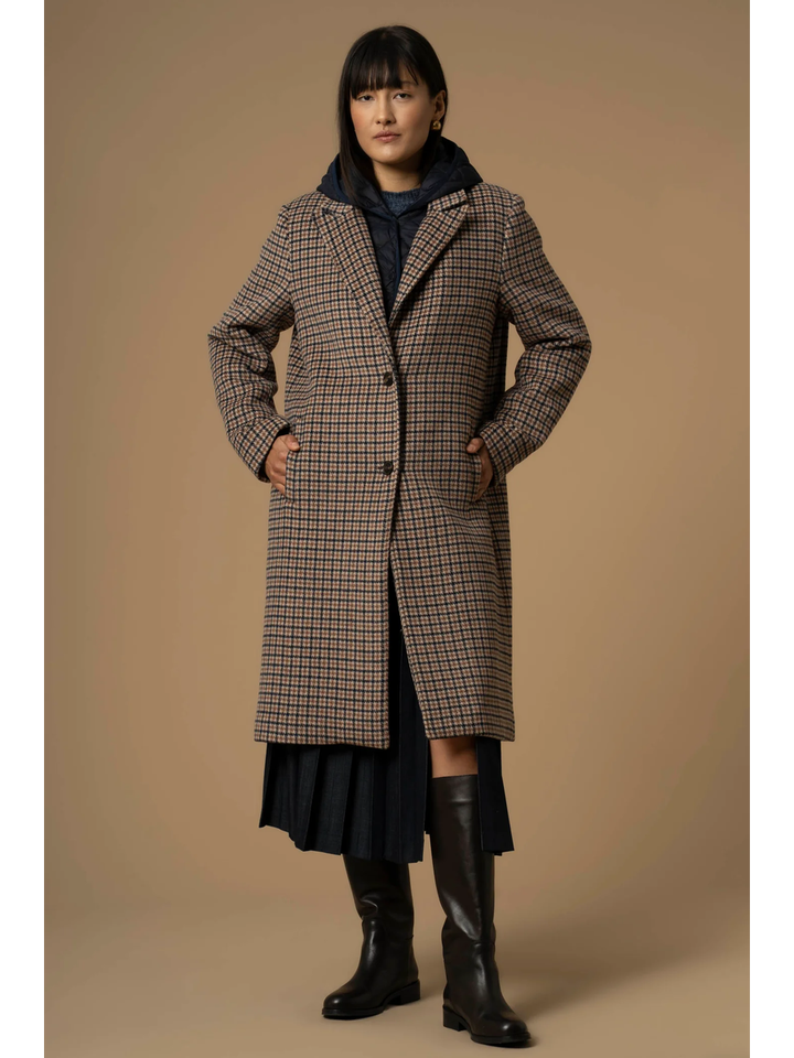 Blauw en bruin geruite lange mantel met afneembare kap Didier Kocca