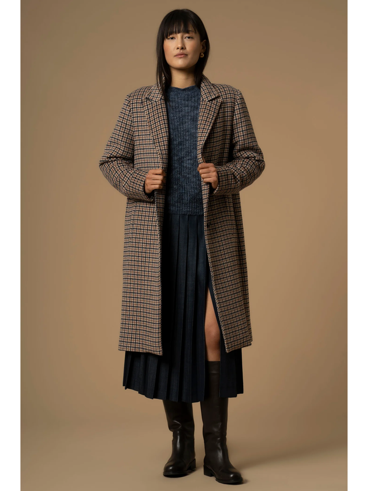 Blauw en bruin geruite lange mantel met afneembare kap Didier Kocca