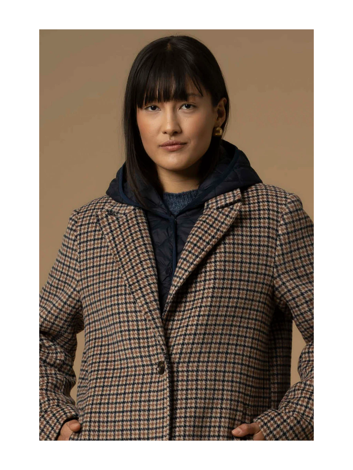 Blauw en bruin geruite lange mantel met afneembare kap Didier Kocca