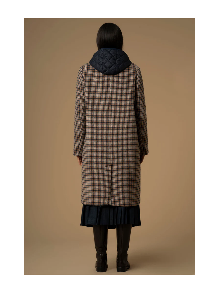 Blauw en bruin geruite lange mantel met afneembare kap Didier Kocca