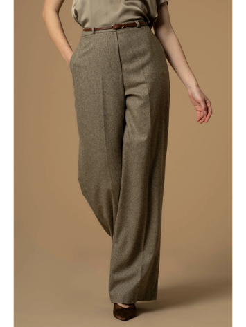 Kaki wollen wijde broek met fijne riem Engracia Kocca 