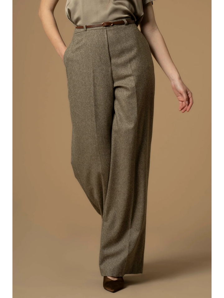 Kaki wollen wijde broek met fijne riem Engracia Kocca 