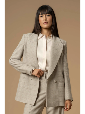 Beige blazaer met fijn ruit motief Aletta Kocca