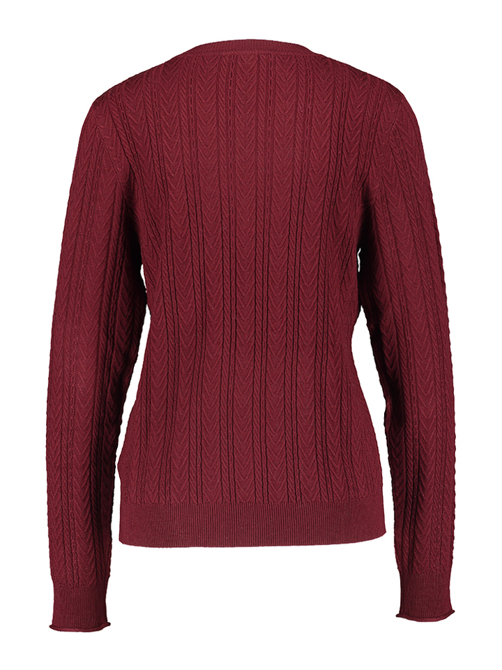 Bordeaux trui met kabel en gouden knoop detail Jude Kocca 