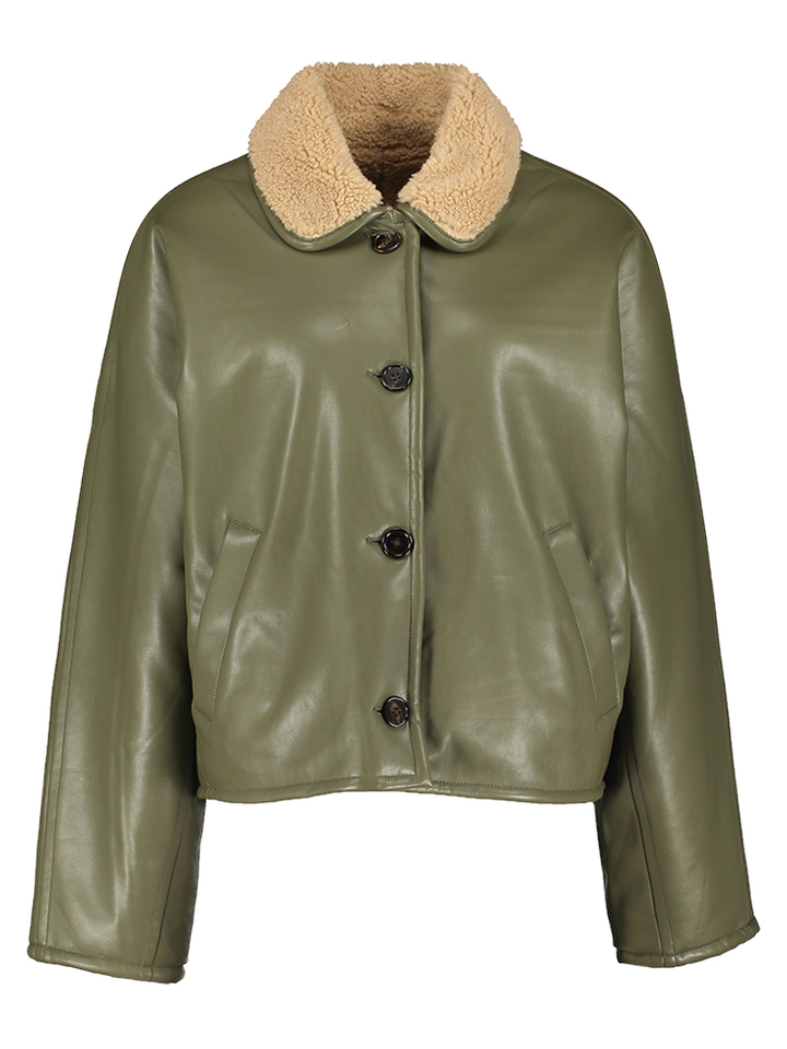 Kakigroene lederlook / beige teddy reversibel jas Josh Bellerose