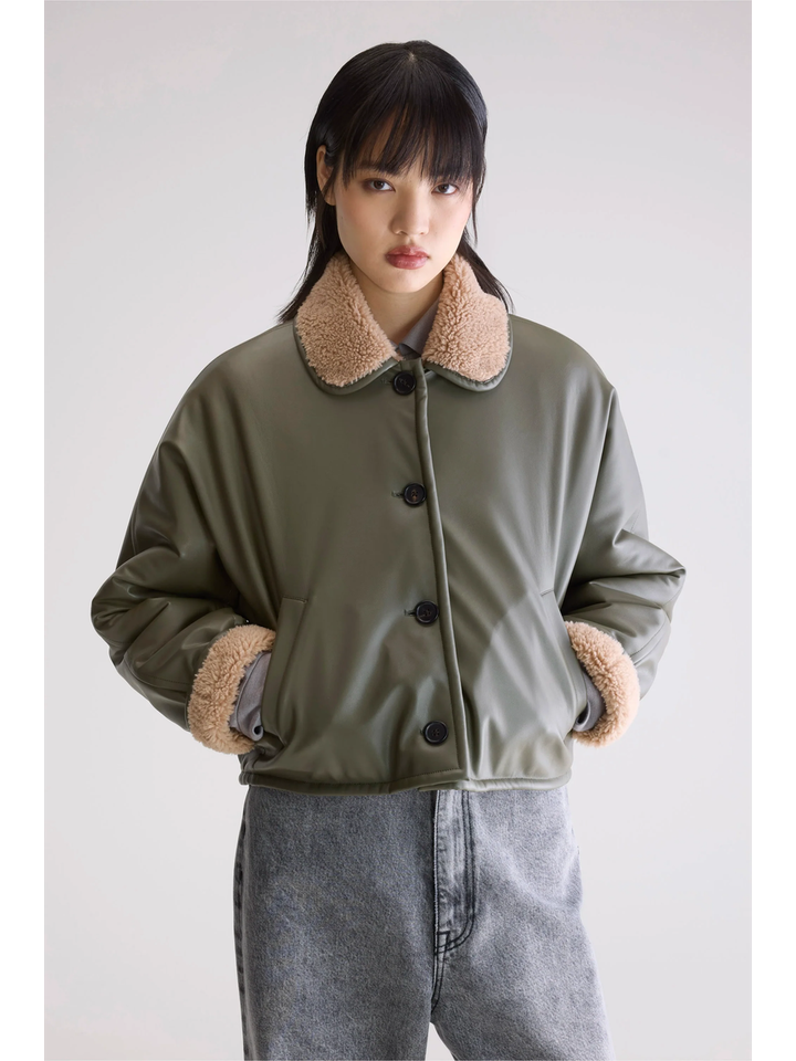 Kakigroene lederlook / beige teddy reversibel jas Josh Bellerose